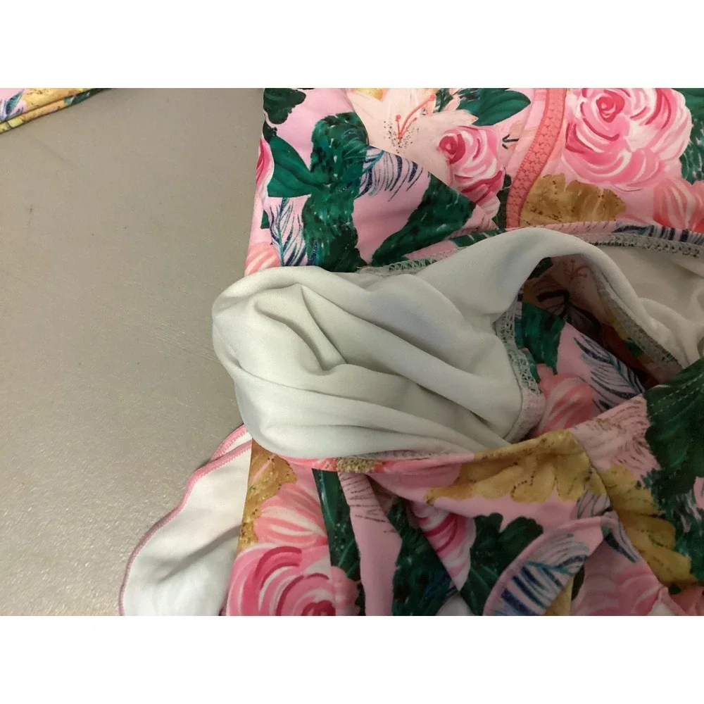 Tame the Sun Swimsuit Kids 7 Pink‎ Floral Long Sleeve Ruffles Tropical